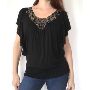 𝅺Black embroidered metallic batwing Lace V-Neck top shirt